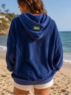 Daily Drills Navy Blue Terrycloth Oversized Hoodie XS/S Coastal Athleisure Beach